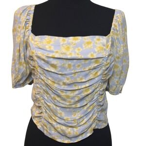 Sophie Rue Pastel Blue Yellow Floral Ruched Top Puff‎ Sleeve Smocked Size L NEW
